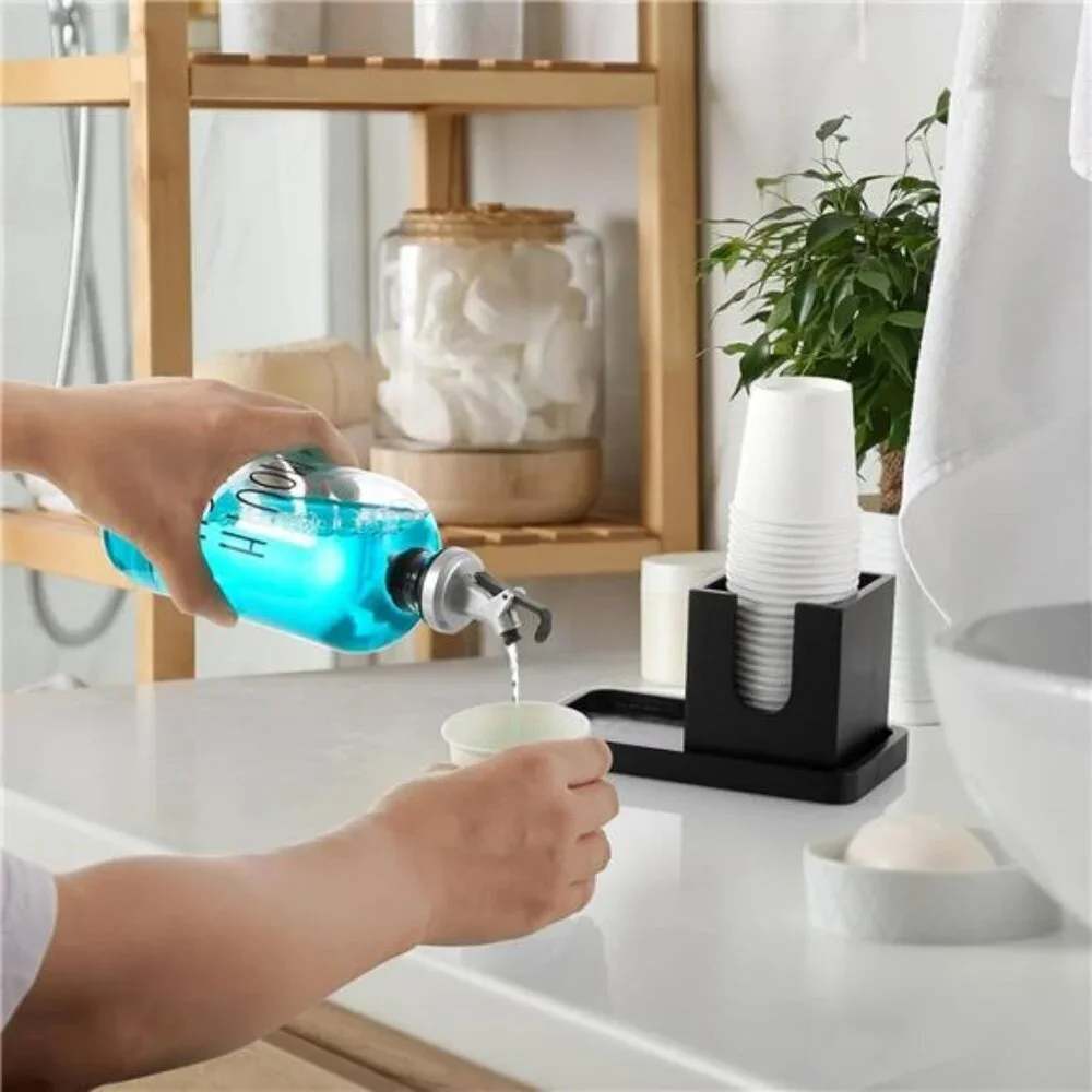 Glass Mouthwash Dispenser with Wood Tray Black Bathroom Countertop Organizer